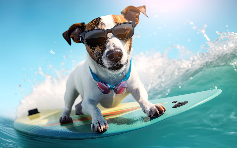 consejos para mascotas en verano - perro surfeando